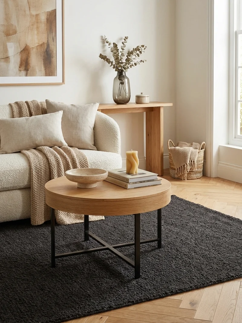 Couchtisch in Holzoptik mit Metallbeinen, Rund, Stauraumfunktion, Maße 69x49x69 cm, Industrial-Stil