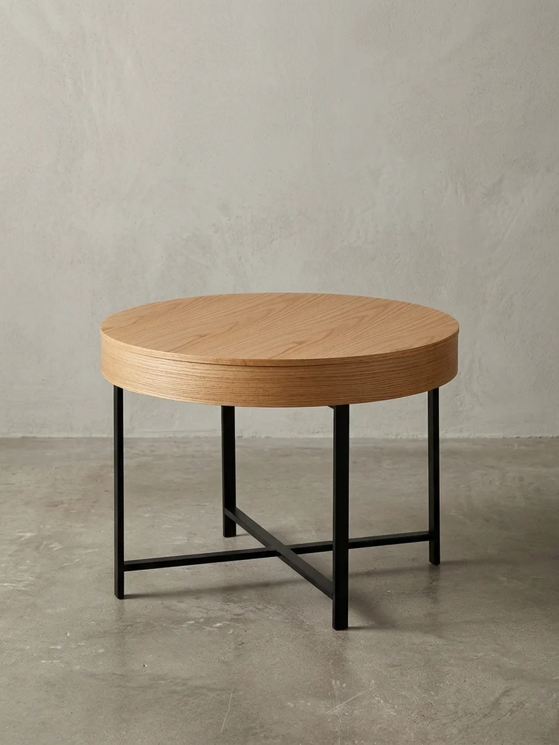 Couchtisch in Holzoptik mit Metallbeinen, Rund, Stauraumfunktion, Maße 69x49x69 cm, Industrial-Stil
