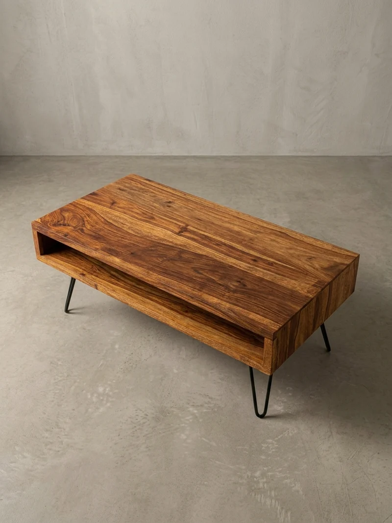Couchtisch Sheeshamholz Schwarz, Pulverbeschichtet mit Ablagefach, Maße 100x40x50 cm