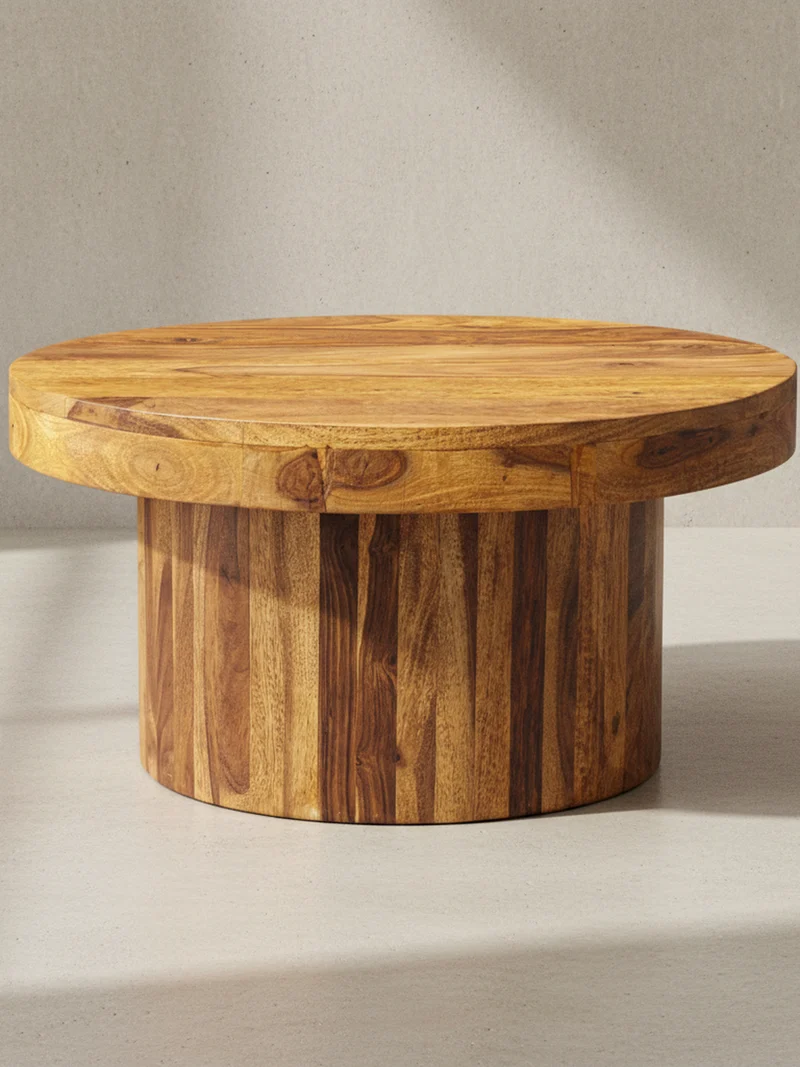 Couchtisch aus Massivholz Sheesham in Braun, Lackiert, mit robustem Sockelfuß, Maße 60x60x30 cm