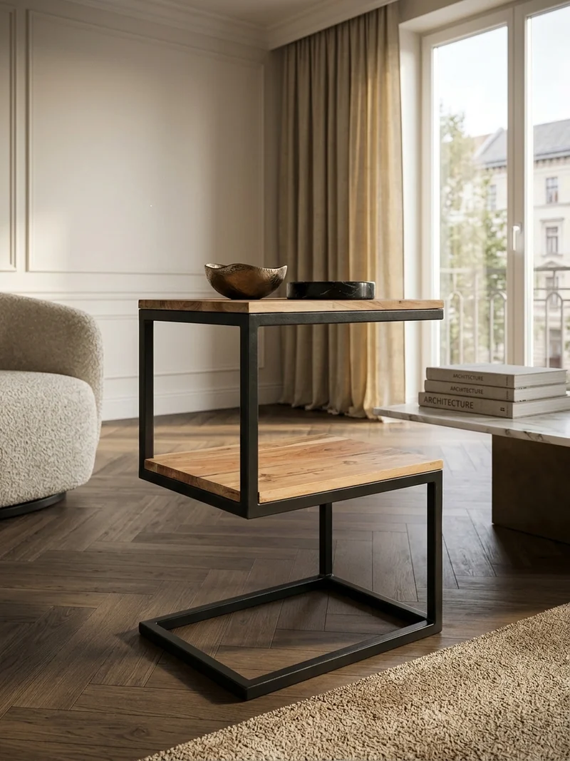 Beistelltisch Massivholz S-Design Metallgestell Ablageflächen