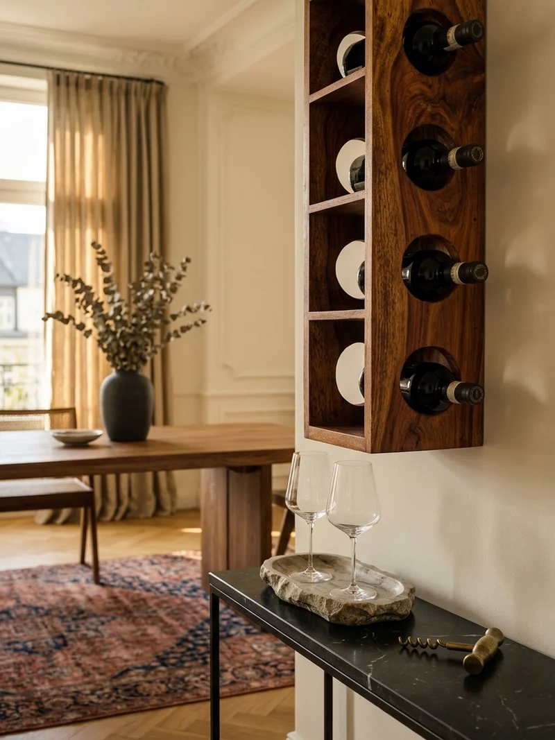Weinregal Massivholz mit 5 Fächern Wandmontage Edelholz-Optik