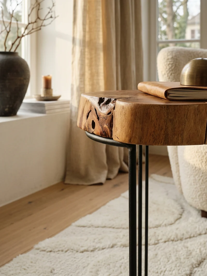 Beistelltisch Massivholz Metallgestell Baumstammplatte Landhausstil