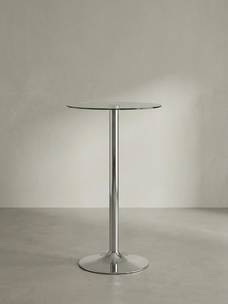 Stehtisch – Ø 60 cm, Sicherheitsglas, Drehfunktion, Trompetenfuß, Chrom