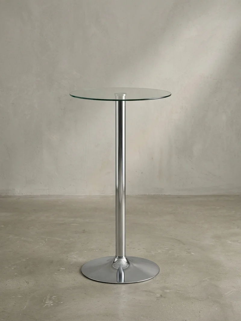 Stehtisch – Ø 60 cm, Sicherheitsglas, Drehfunktion, Trompetenfuß, Chrom