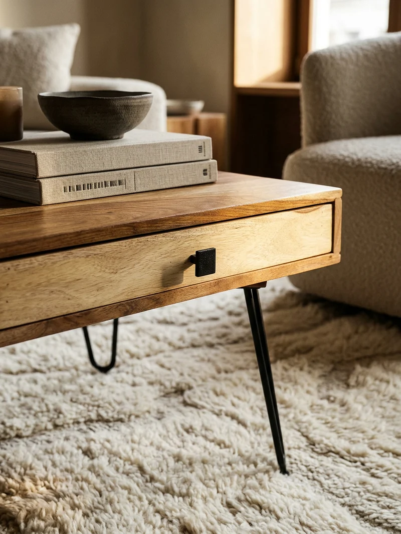 Couchtisch mit Schubfächern aus Massivholz und Metallfüßen, leichter Aufbau