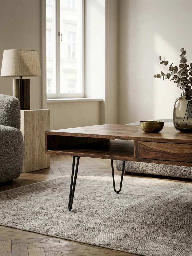 Couchtisch mit Schubfächern aus Massivholz und Metallfüßen, leichter Aufbau
