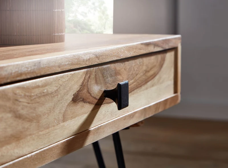 Couchtisch mit Schubfächern aus Massivholz und Metallfüßen, leichter Aufbau
