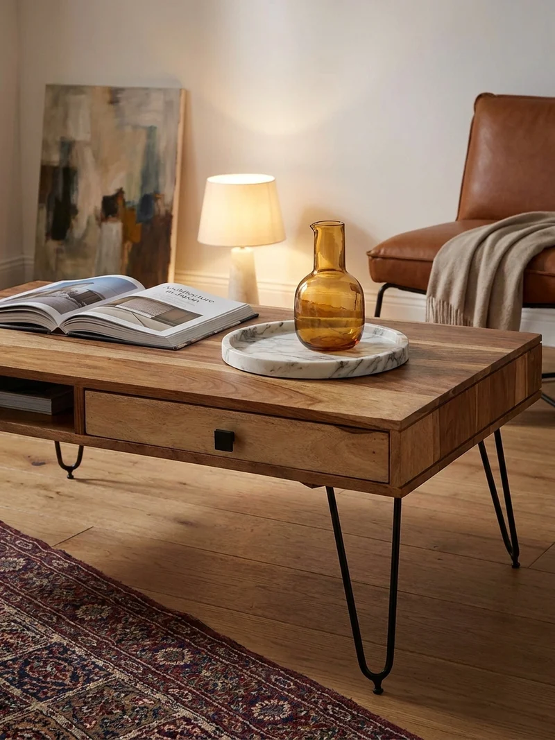 Couchtisch mit Schubfächern aus Massivholz und Metallfüßen, leichter Aufbau