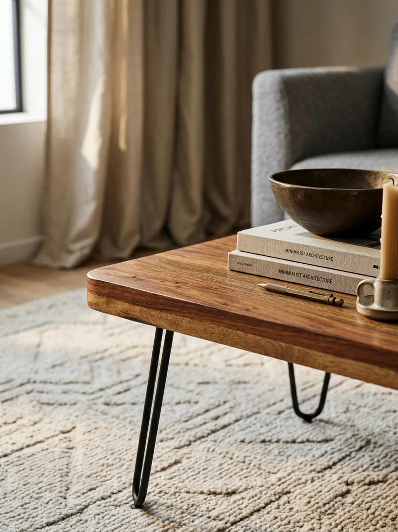Couchtisch aus Massivholz mit Metallbeinen, handgefertigt, einzigartige Maserung