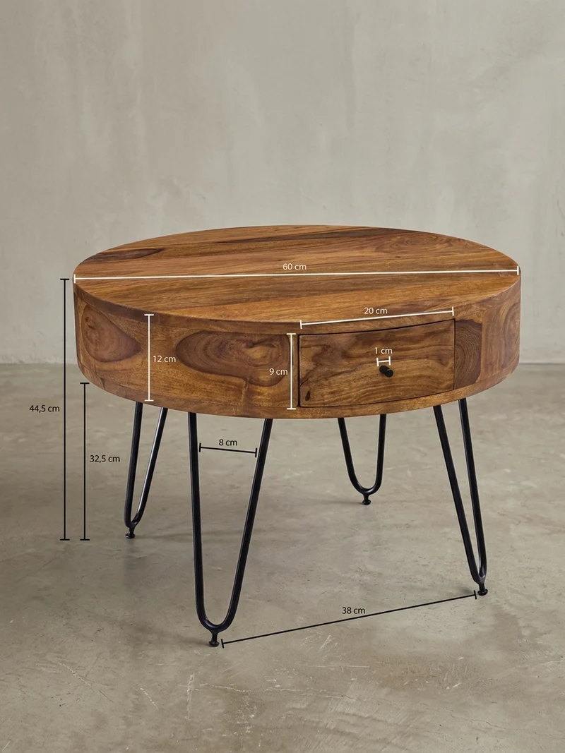 Couchtisch Sheesham-Massivholz Schwarz, Metallbeine, Handgefertigt, Mit Schubladen