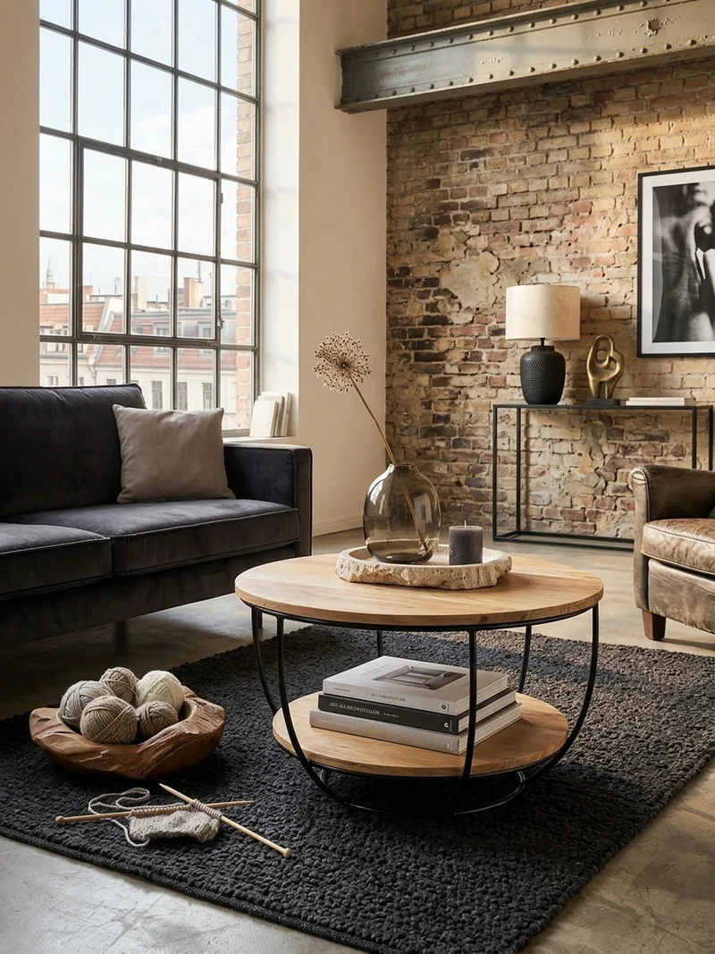 Couchtisch Industrial, Akazienholz mit schwarzen Edelstahlbeinen, handgefertigt