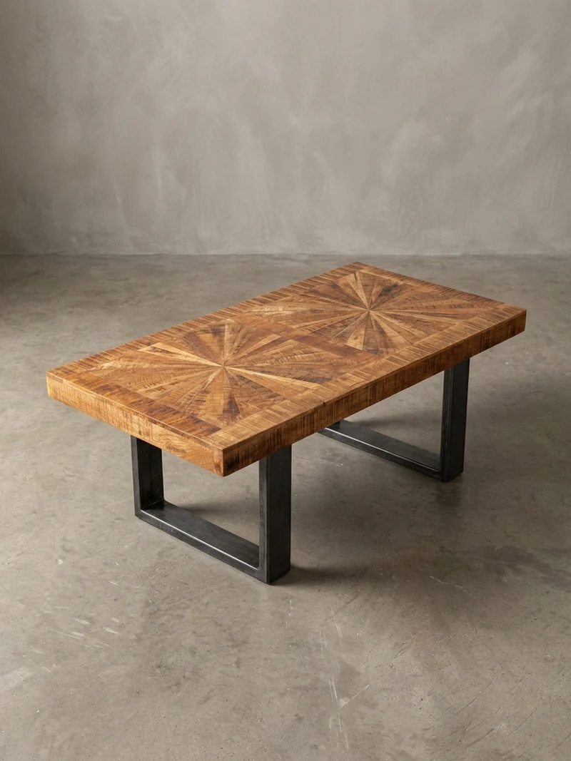 Couchtisch Mangoholz in Rustikalem Stil mit Metallbeinen, Maße 105x40x55 cm, Traglast 50 kg