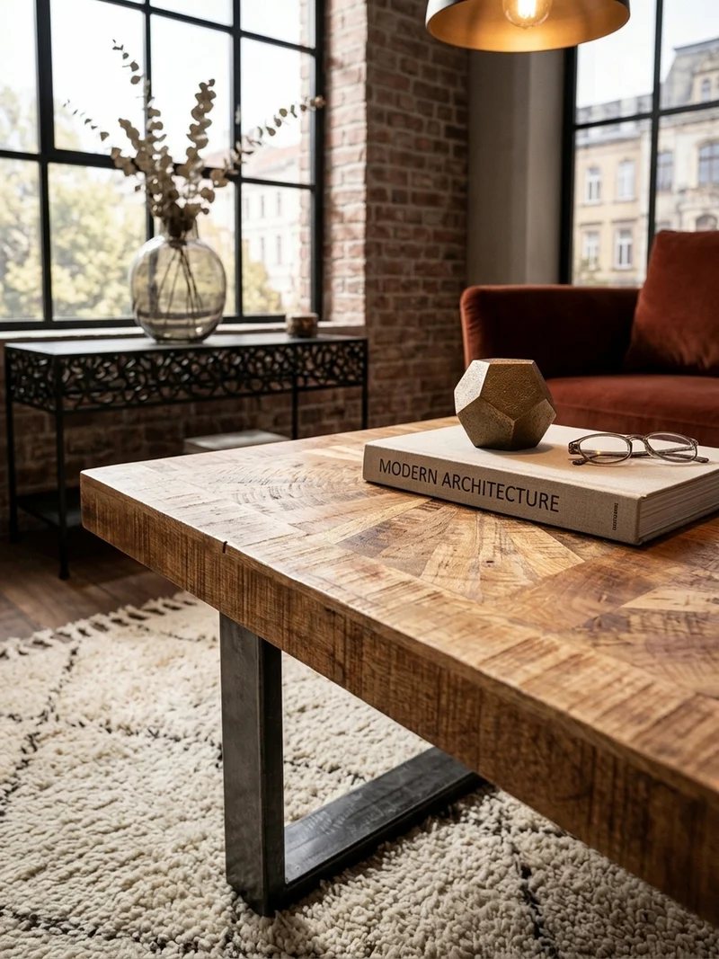 Couchtisch Mangoholz in Rustikalem Stil mit Metallbeinen, Maße 105x40x55 cm, Traglast 50 kg