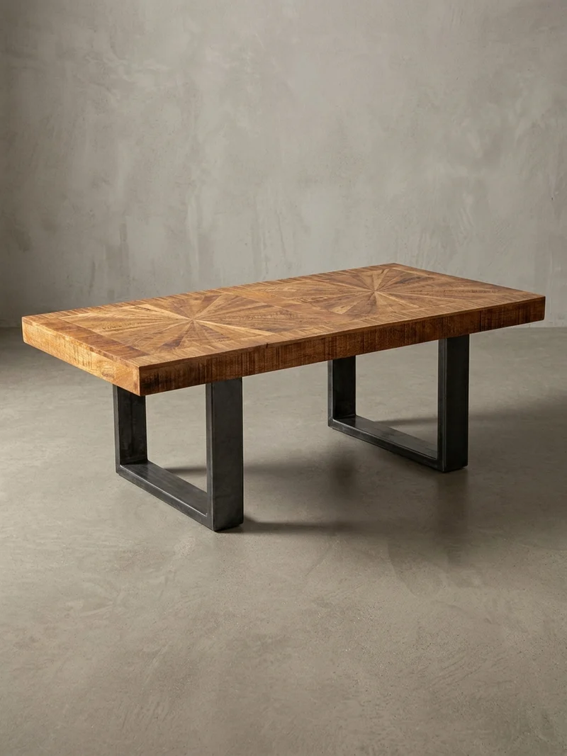 Couchtisch Mangoholz in Rustikalem Stil mit Metallbeinen, Maße 105x40x55 cm, Traglast 50 kg