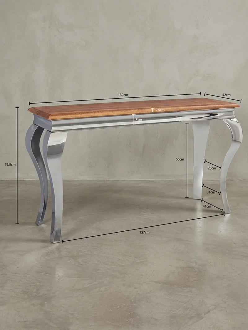 Konsolentisch – Massivholz, 130 cm breit, silberne Beine, 2,5 cm Plattendicke