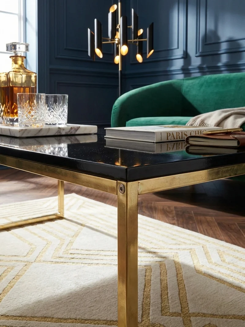 Couchtisch RIVA, Schwarz, Metall und Holz, Filigrane Beine, Maße 120x45x60 cm