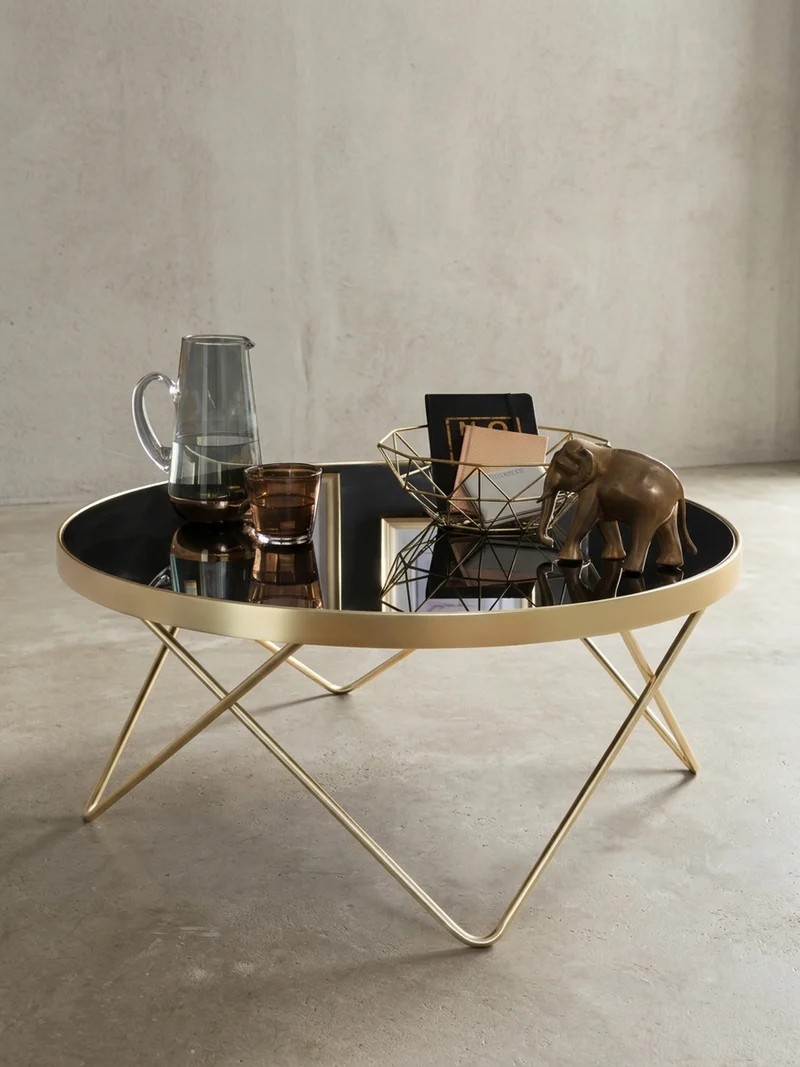 Beistelltisch Schwarz Glasplatte Goldene Beine Retro-Stil 82cm Durchmesser