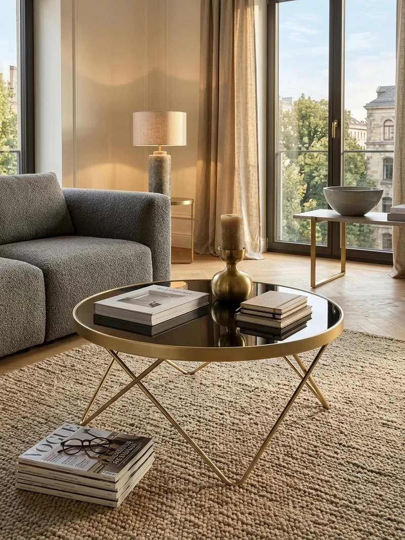 Beistelltisch Schwarz Glasplatte Goldene Beine Retro-Stil 82cm Durchmesser
