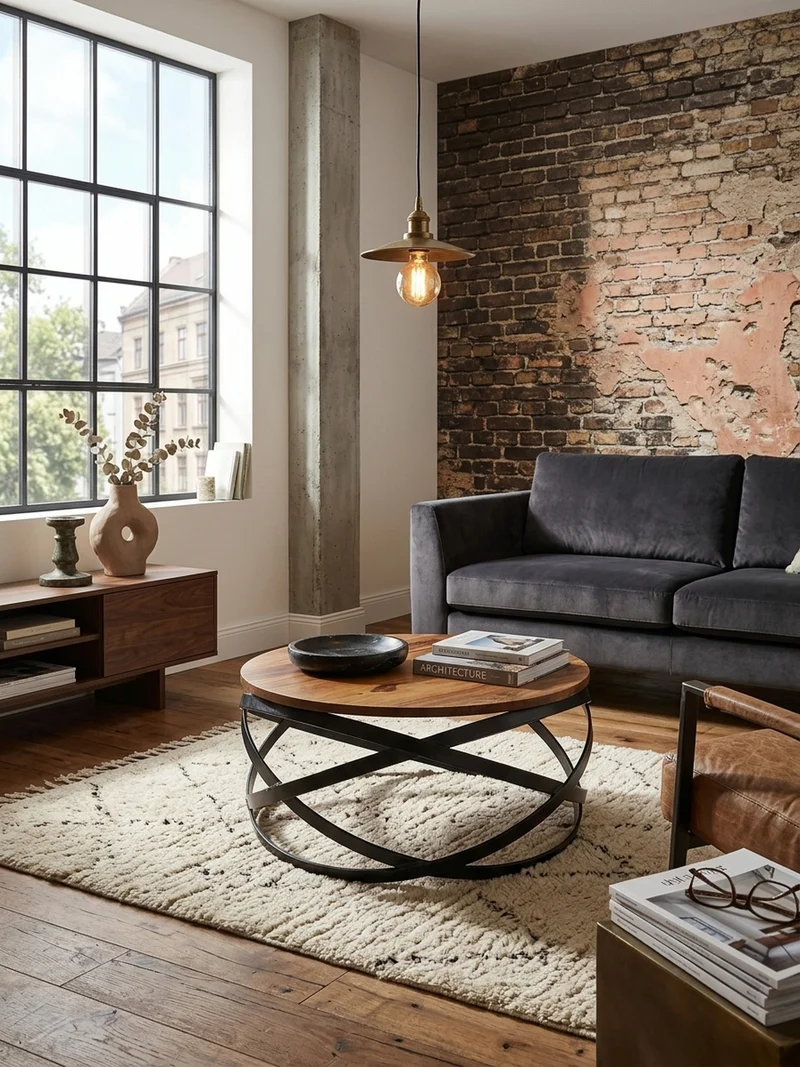 Couchtisch Industrial, Braun, Massives Holz und Metall, Modernes Design, Komplett Montiert