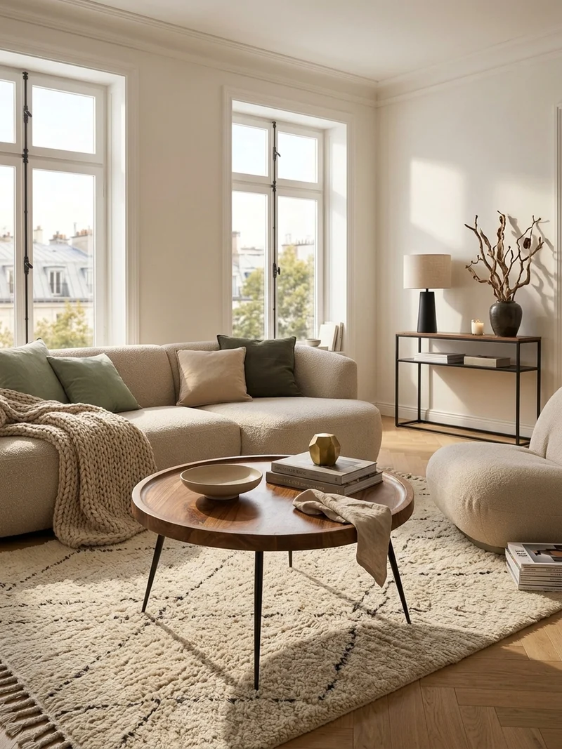 Couchtisch Industrial-Stil Rund, Holzplatte und Metallbeine, Handgefertigt, Pflegeleicht
