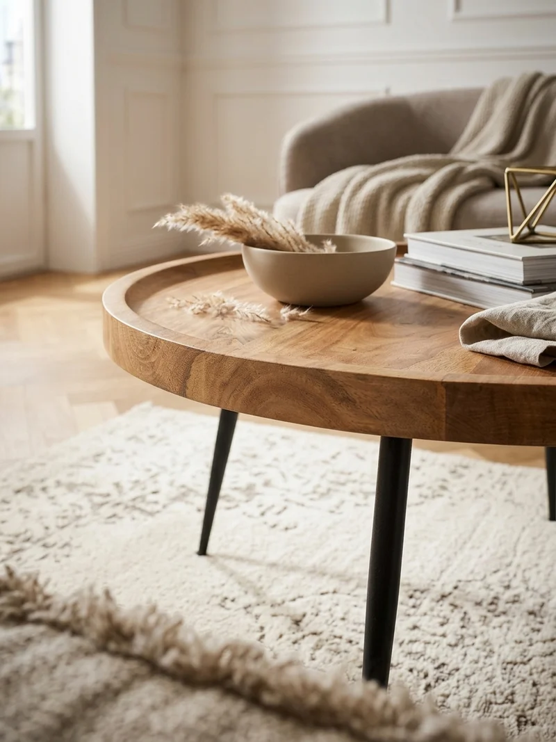 Couchtisch Industrial-Stil Rund, Holzplatte und Metallbeine, Handgefertigt, Pflegeleicht