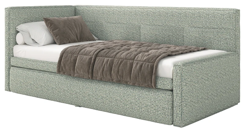 Jugendbett 90x200 cm Nesmi linksseitig mit Matratze und Stauraum Salbeigrüner Flechtstoff