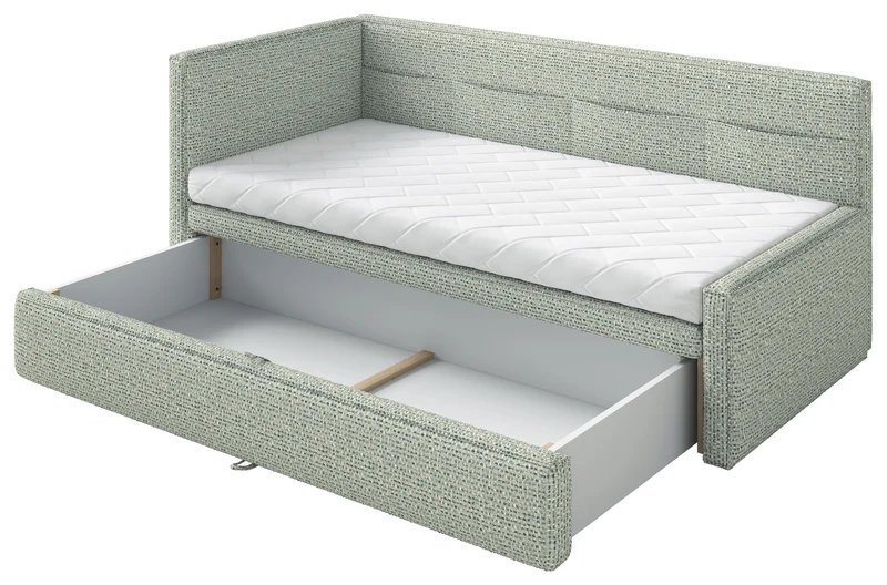 Jugendbett 90x200 cm Nesmi linksseitig mit Matratze und Stauraum Salbeigrüner Flechtstoff