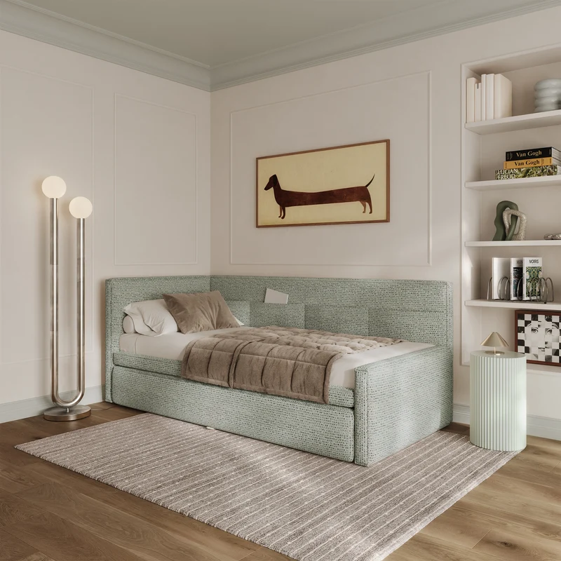 Jugendbett 90x200 cm Nesmi linksseitig mit Matratze und Stauraum Salbeigrüner Flechtstoff