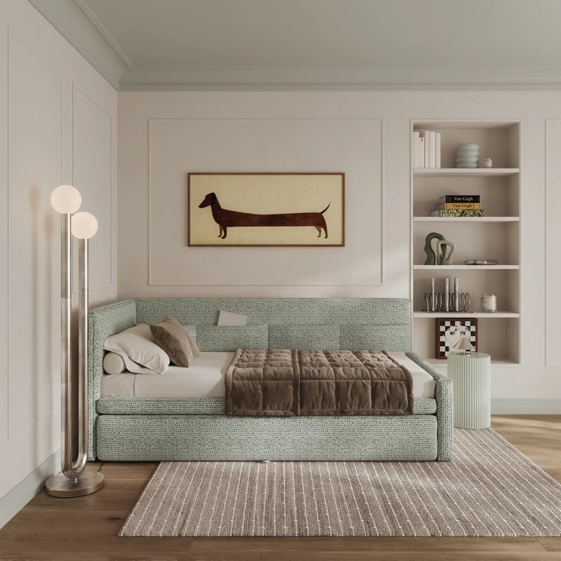 Jugendbett 90x200 cm Nesmi linksseitig mit Matratze und Stauraum Salbeigrüner Flechtstoff