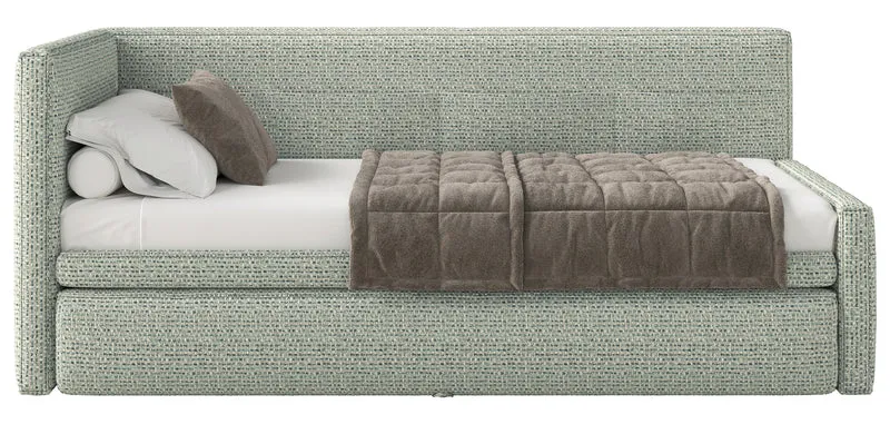 Jugendbett 90x200 cm Nesmi linksseitig mit Matratze und Stauraum Salbeigrüner Flechtstoff