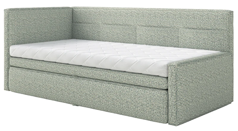 Jugendbett 90x200 cm Nesmi linksseitig mit Matratze und Stauraum Salbeigrüner Flechtstoff