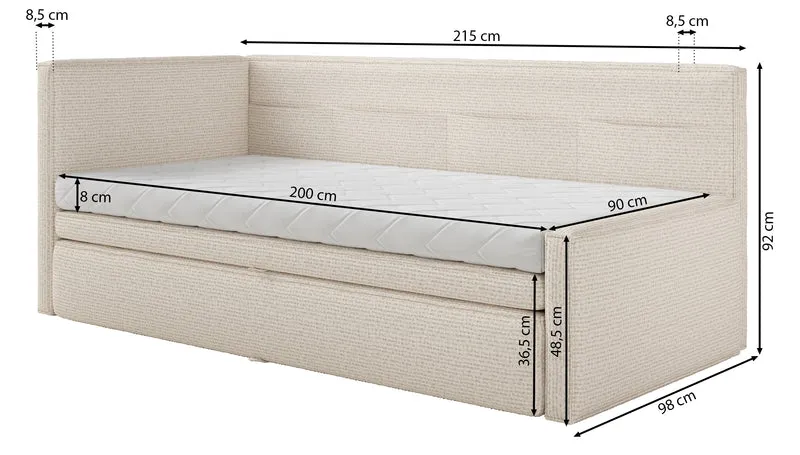 Jugendbett 90x200 cm Nesmi links mit Stauraum hellbeige Geflecht