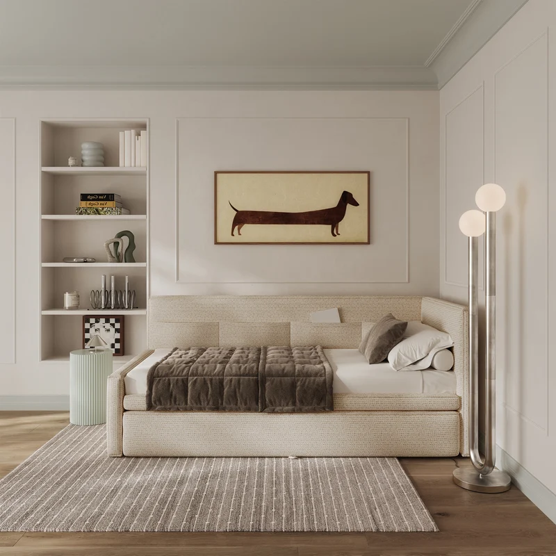Jugendbett 90x200 cm Nesmi rechtsseitig mit Stauraum hellbeige Flechtoptik