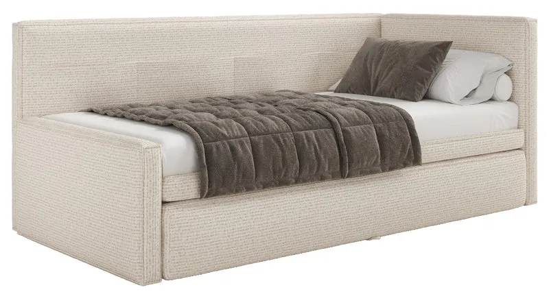Jugendbett 90x200 cm Nesmi links mit Stauraum hellbeige Geflecht