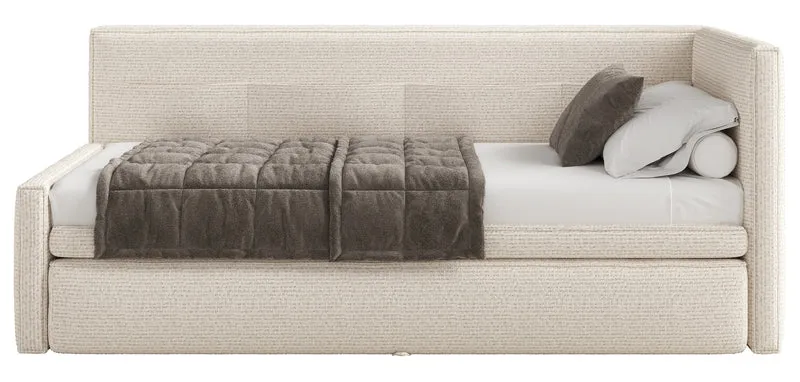 Jugendbett 90x200 cm Nesmi rechtsseitig mit Stauraum hellbeige Flechtoptik