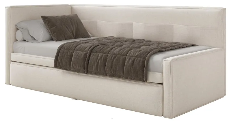 Jugendbett 90x200 cm Nesmi, ausziehbar, linksseitig, mit Matratzen, cremefarben, pflegeleichter Chenille