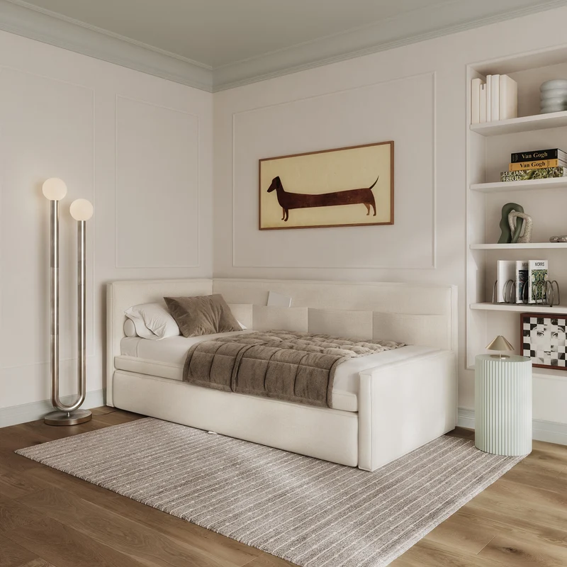 Jugendbett 90x200 cm Nesmi, ausziehbar, linksseitig, mit Matratzen, cremefarben, pflegeleichter Chenille