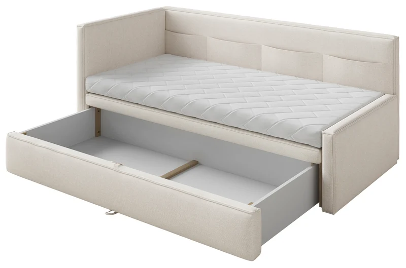 Jugendbett 90x200 cm Nesmi links mit Matratze und Stauraum, cremefarbener, pflegeleichter Chenille