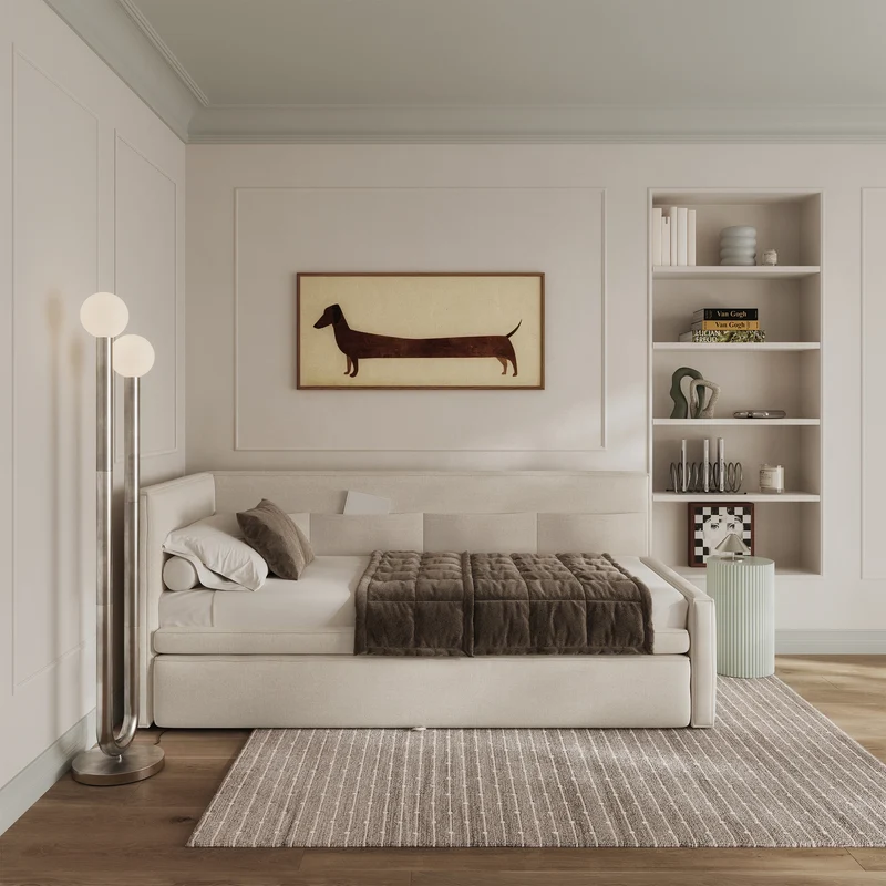 Jugendbett 90x200 cm Nesmi, ausziehbar, linksseitig, mit Matratzen, cremefarben, pflegeleichter Chenille