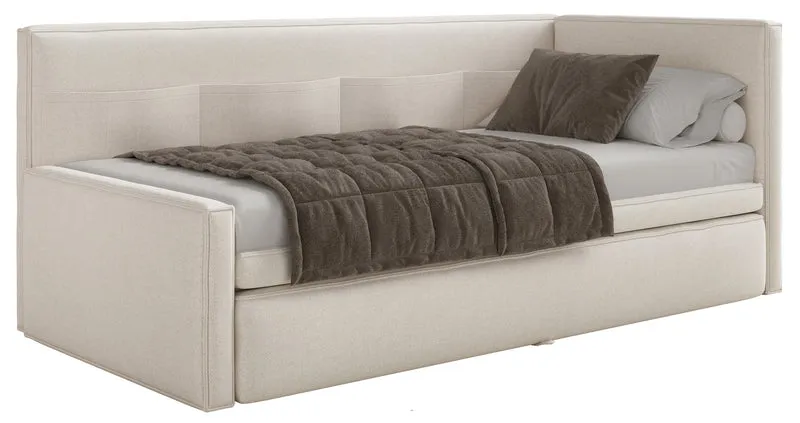 Jugendbett 90x200 cm Nesmi rechtsseitig mit Matratze und Bettkasten, cremefarbener Chenille, pflegeleicht