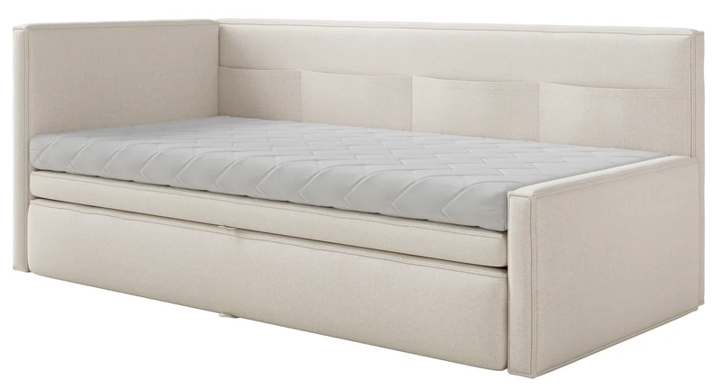 Jugendbett 90x200 cm Nesmi, ausziehbar, linksseitig, mit Matratzen, cremefarben, pflegeleichter Chenille