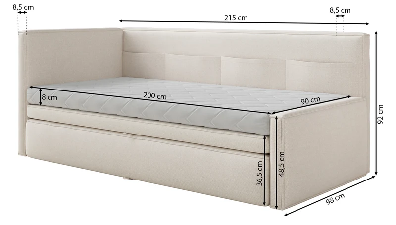Jugendbett 90x200 cm Nesmi rechtsseitig mit Matratze und Bettkasten, cremefarbener Chenille, pflegeleicht