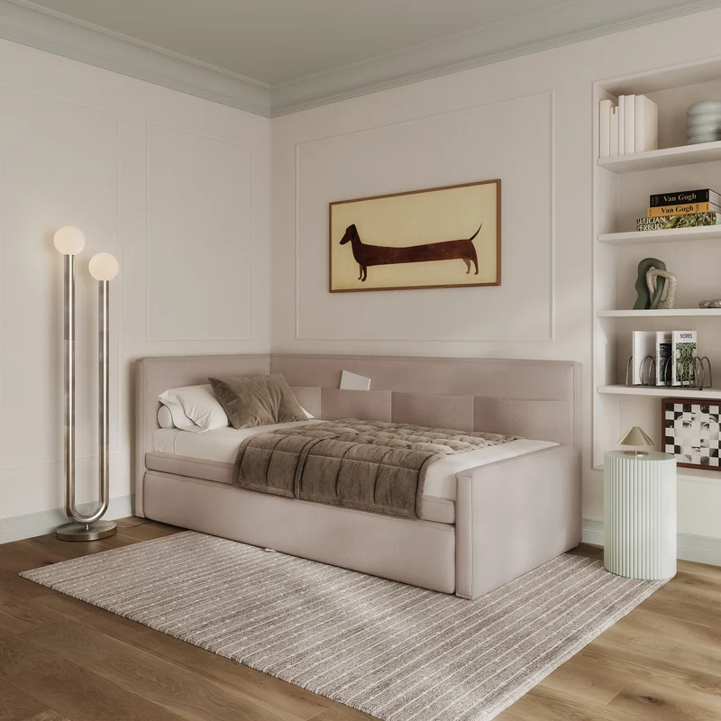 Jugendbett 90x200 cm Nesmi linksseitig mit Stauraum, beige Chenille, pflegeleicht