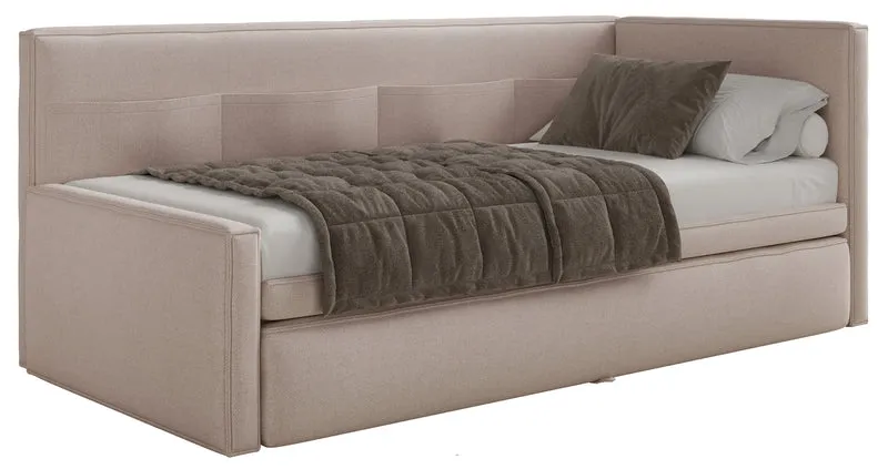 Jugendbett 90x200 cm Nesmi linksseitig mit Stauraum, beige Chenille, pflegeleicht