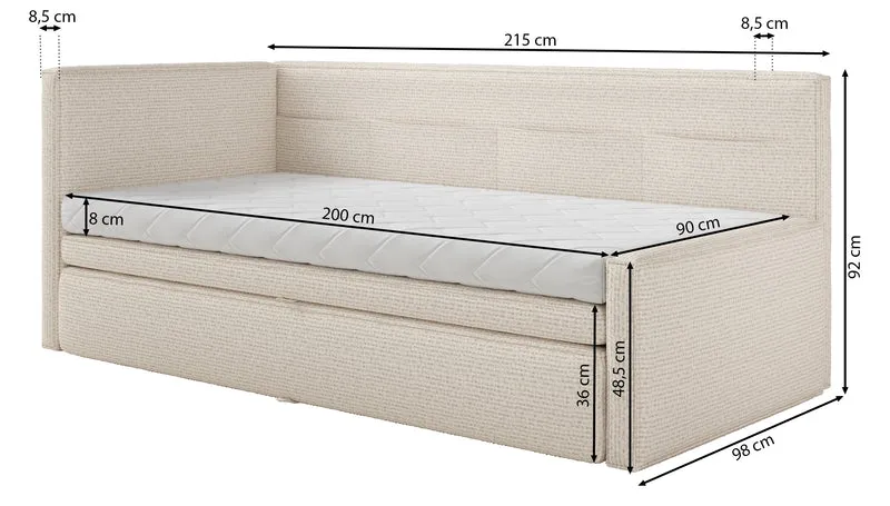 Jugendbett 90x200 cm Nesmi, ausziehbar, rechtsseitig, mit Matratzen, braunes Geflecht