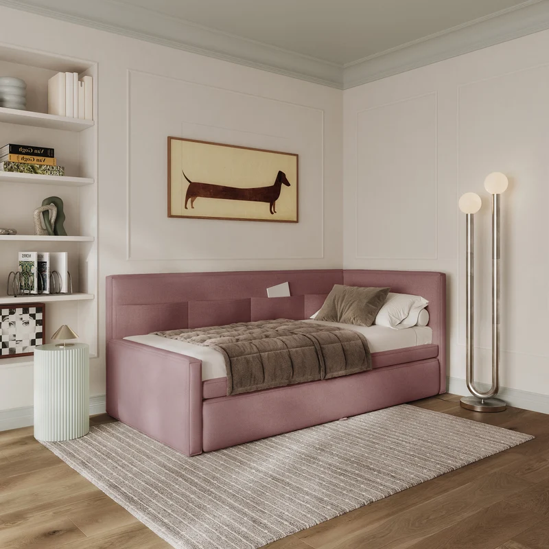 Jugendbett 90x200 cm Nesmi rechtsseitig mit Stauraum, dirty pink Chenille, pflegeleicht