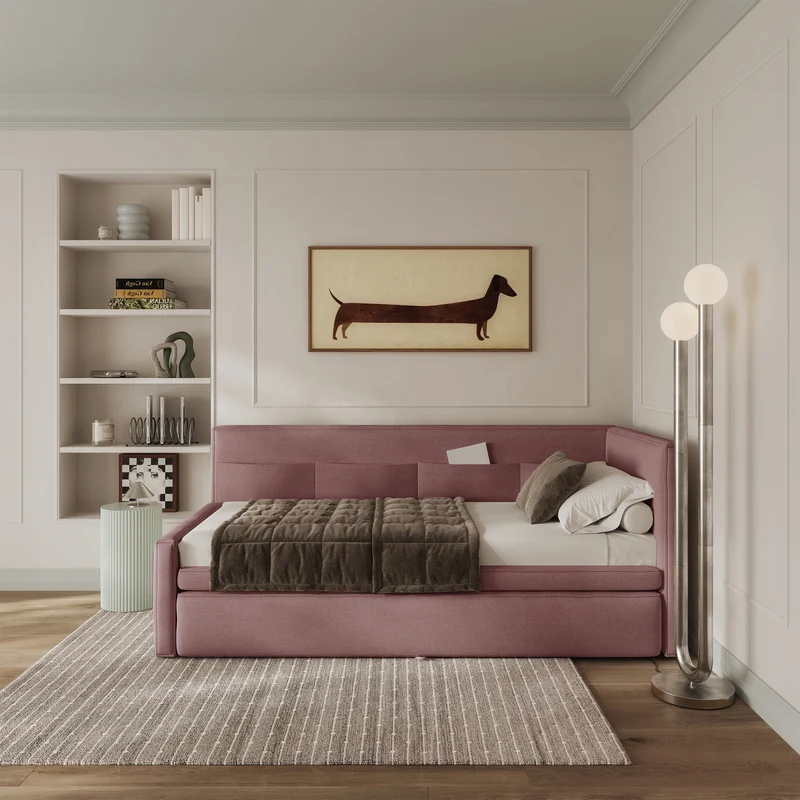 Jugendbett 90x200 cm Nesmi rechtsseitig mit Stauraum, dirty pink Chenille, pflegeleicht
