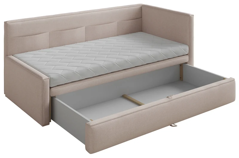 Jugendbett 90x200 cm Nesmi rechtsseitig mit Matratze und Stauraum, beige Chenille, pflegeleicht