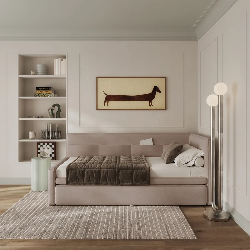 Jugendbett 90x200 cm Nesmi, rechts ausziehbar, mit Matratzen, beige Chenille, pflegeleicht